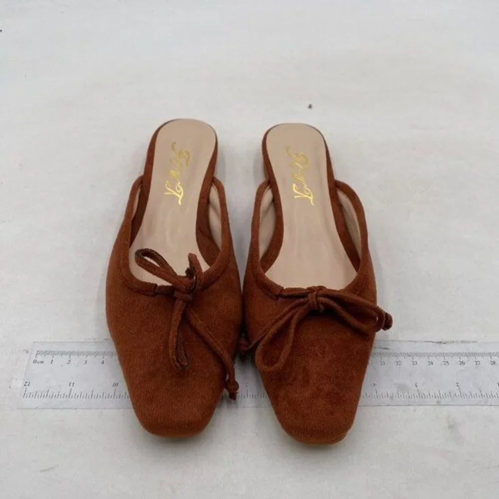 FOWT Brown Low Heel  Almond Toe Mule Bow Knot Suede Slippers,Slip on Leisure Lad - Picture 3 of 8